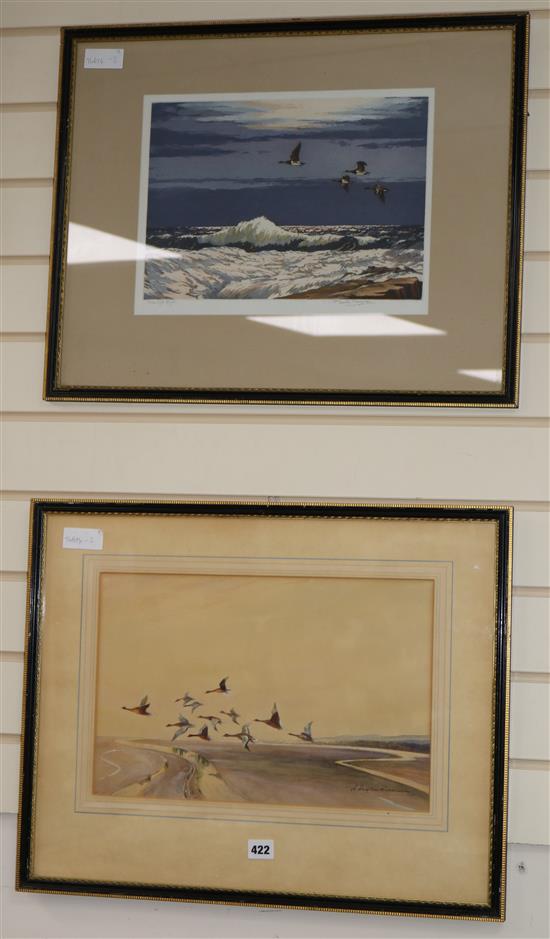 Henry Hughes Richardson (b. 1920), watercolour, Wildfowl at Dawn..., gallery label verso, and one other (2)